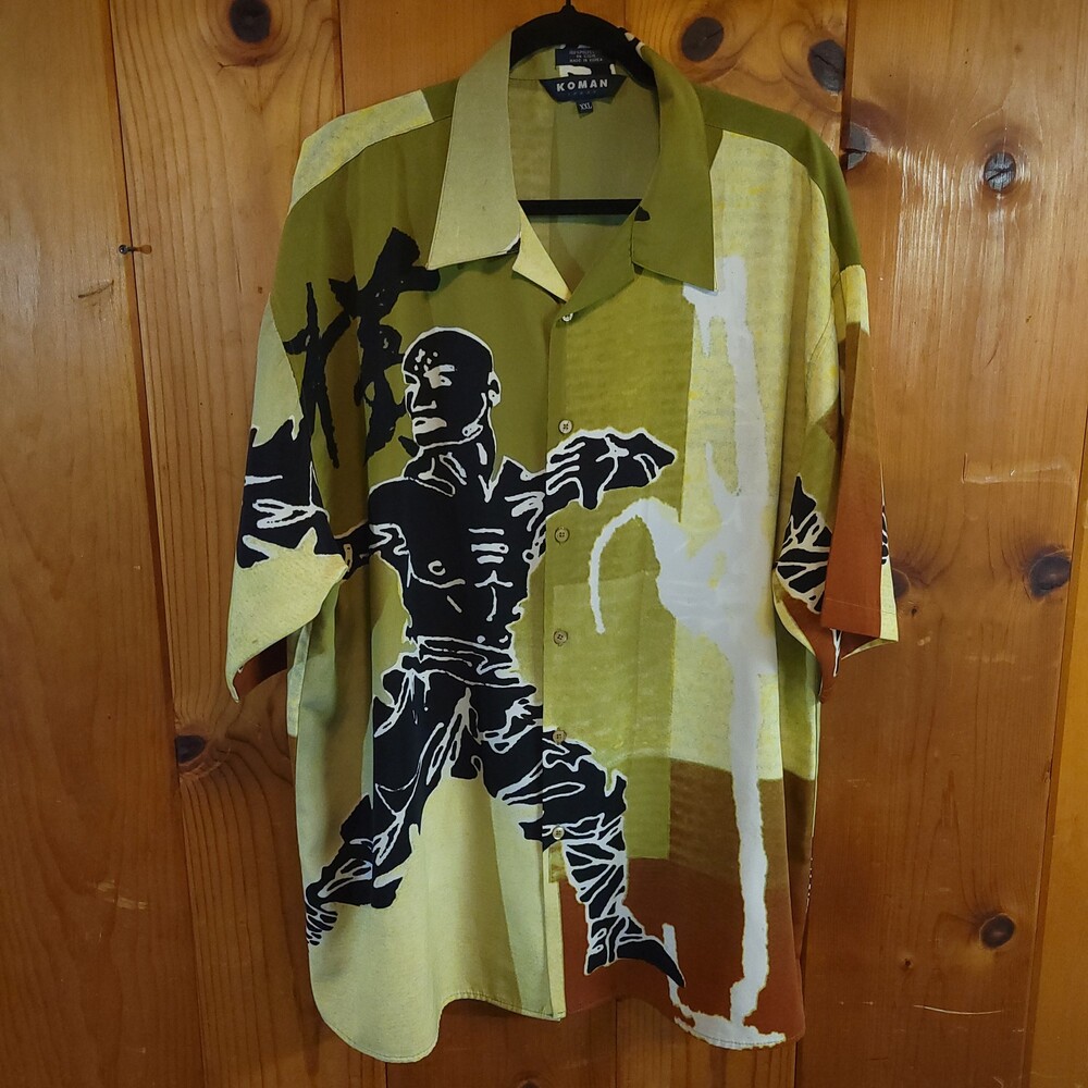Koman XXL Polyester Button-Up y2k 90s karate sport martial arts Green Vintage Gm